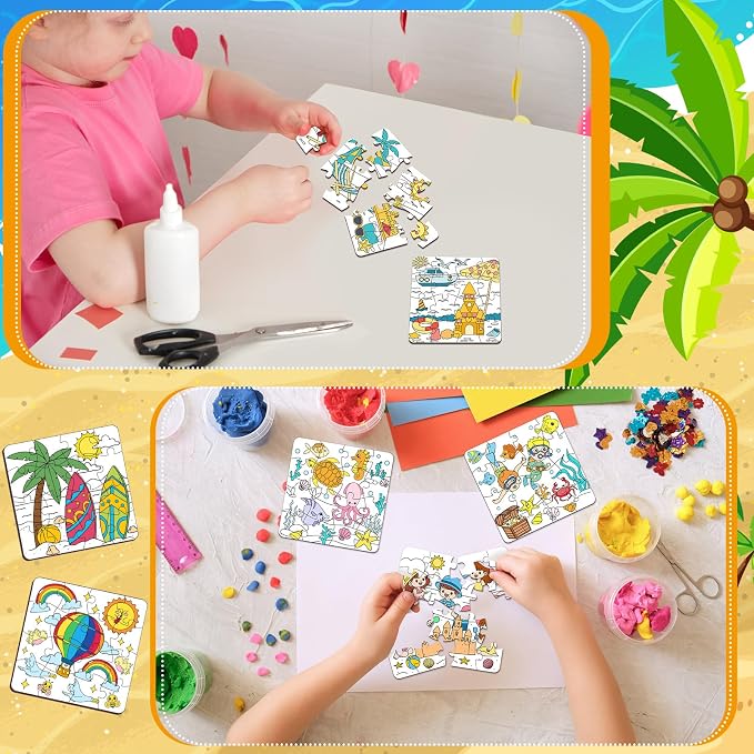 Realspring 24 Pack Color Your Own Jigsaw Puzzles for Kids 3-5, 4-6, 6-8, Coloring Crafts DIY Paper Puzzles Party Favors Gifts for Toddler Children Learning Education Toys(Summer)
