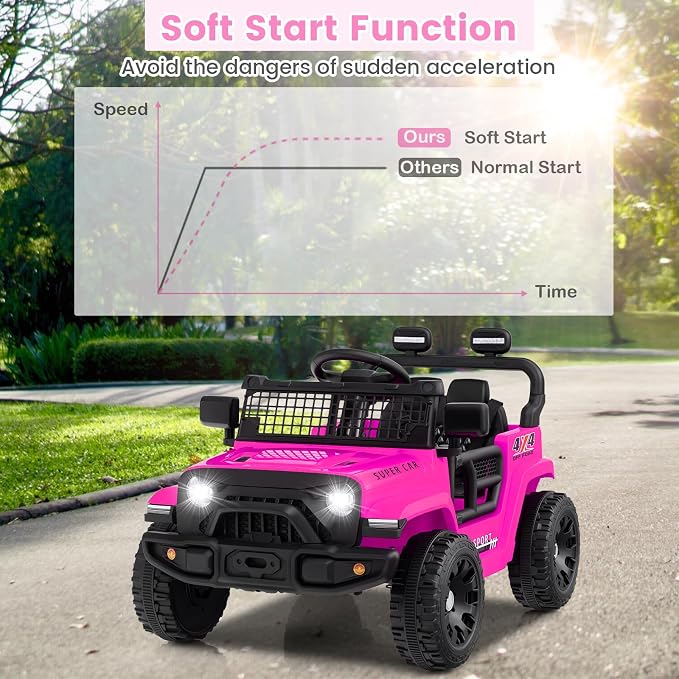 OLAKIDS 12V Ride On Truck, Battery Powered Electric Vehicle for Kids with Remote Control, Foldable Reflective Mirror, Spring Suspension, Music, LED Lights, Ride on Toy for 3+ Boys Girls (Pink)