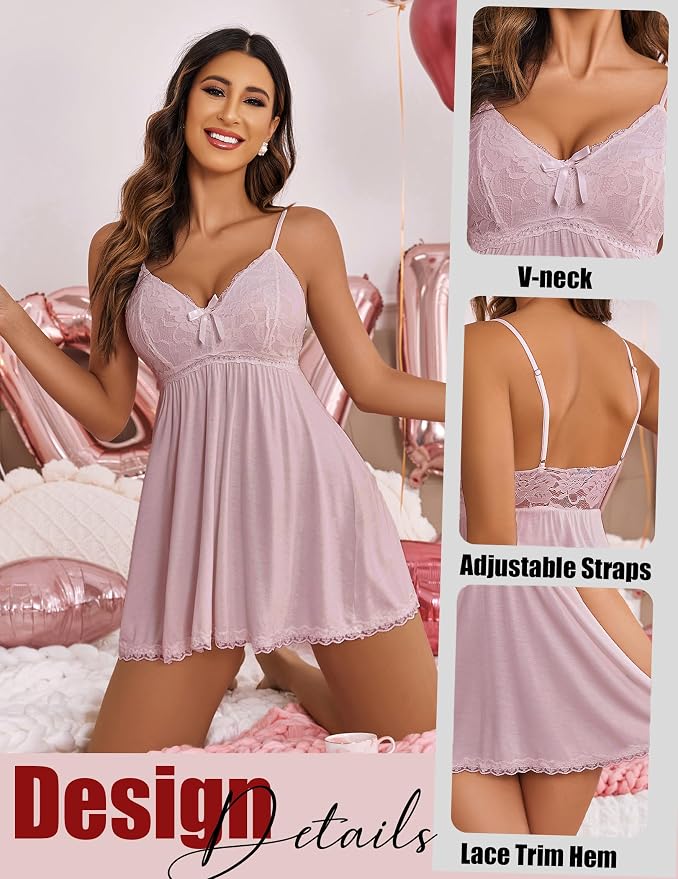 Avidlove Women Nightgown Sexy Sleepwear Lace Chemise V-neck Modal Babydoll Lounge Dress
