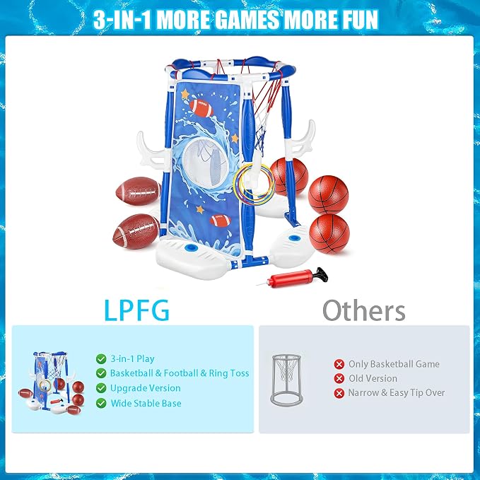 Pool Basketball Hoop, 3-in-1 Floating Basketball Hoop & Football Ring Games with 5 Balls 12 Rings and Pump, Outdoor Family Party Water Swimming Pool Basketball Toys for Kids Ages 4-8 8-12