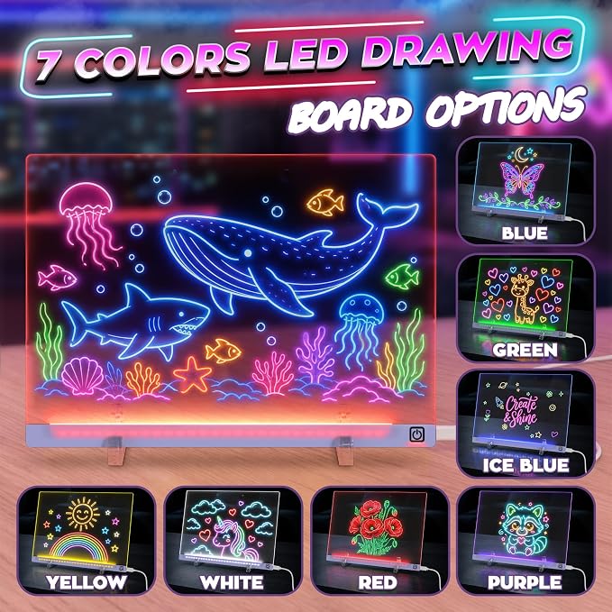 LED Drawing Board with USB-C Power – 16 Inch Acrylic Light Board for Tracing with Edge-Lit Color-Changing Glow, 7 LED Colors, 6 Light Modes – Plug-and-Play Kit with Markers, Stands, Gift Box (Blue)
