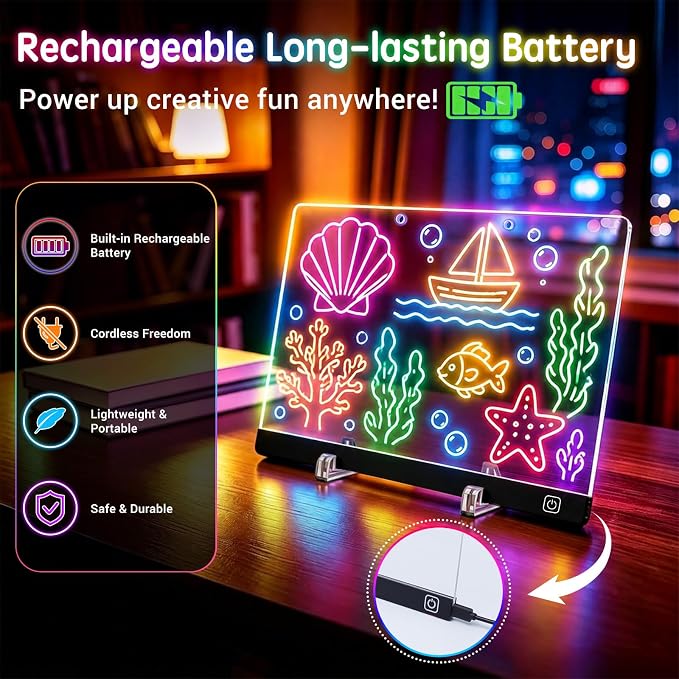 Rechargeable Led Drawing Board for Kids' Dry Erase Boards w/ 12 LED Light Effects,Art Kit Drawing Tablet,Drawing Pad for Kids Gifts for Boys,Girl Birthday Gift for 3-6 7 8 9 10 Year Old Travel