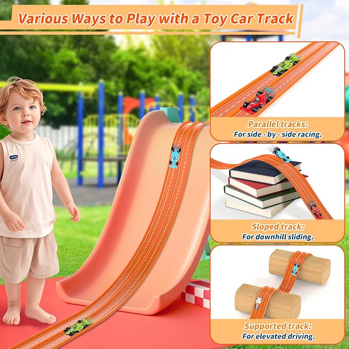 20Ft Flexible Race Track, Slot Car Race Track Set for Kids Ages 3+,Dual Racing Game 2 High-Speed Cars 1/64 Scale, w/8 Suction Cups,4 Alloy Cars– Ideal Easter Birthday Gift for Boys & Girls (Orange)