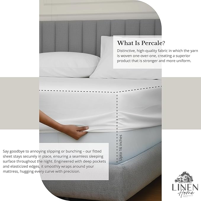 Linen Home 6 Piece Queen Cotton Sheet Set, 100% Cotton Percale, 4 Pillowcases, Deep Pocket with All Around Elastic Sheet, Crisp Breathable Bedding, Hotel Luxury, Long-Staple Combed Cotton, White