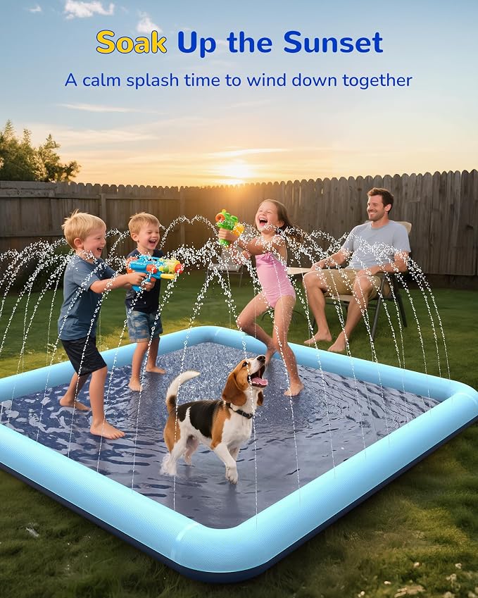 VISTOP Non-Slip Splash Pad for Kids and Dog, Thicken Sprinkler Pool Summer Outdoor Water Toys - Fun Backyard Fountain Play Mat for Baby Girls Boys Children or Pet Dog (85 * 85 inch, Blue&Blue)