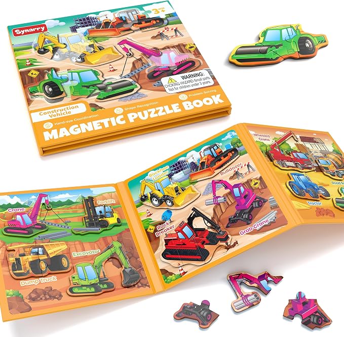 SYNARRY Magnetic Puzzles for Toddlers 3-5, Toddler Travel Toys Construction Toys Excavator Puzzles for Kids Age 3-5, Vehicle Puzzles for Kids Ages 4-6, Car Airplane Road Trip Activities Easter Gifts