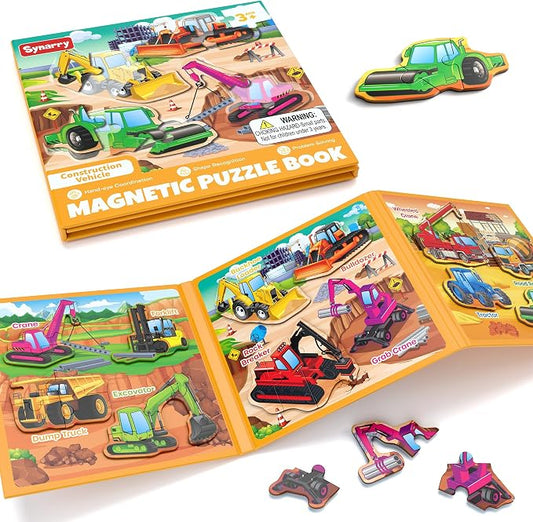 SYNARRY Magnetic Puzzles for Toddlers 3-5, Toddler Travel Toys Construction Toys Excavator Puzzles for Kids Age 3-5, Vehicle Puzzles for Kids Ages 4-6, Car Airplane Road Trip Activities Easter Gifts