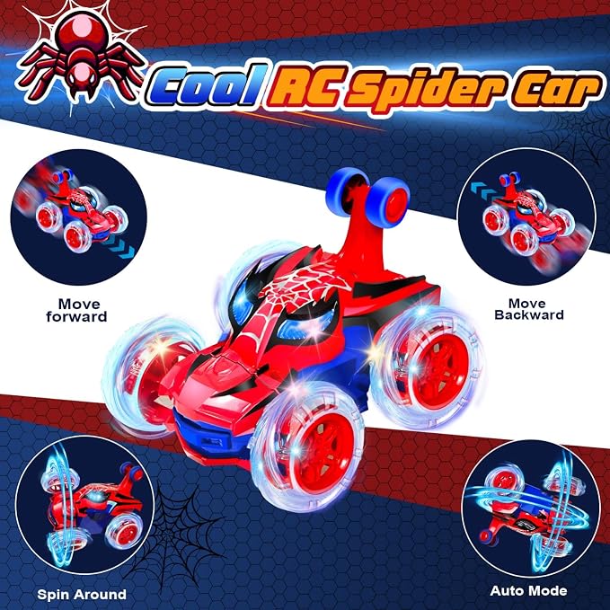 Kids Toys Spider RC Car for Boys 4-7 - Cool Spider Monster Remote Control Crawler Toy 360° Flip Fast Stunt & 4WD Light Up Wheel - Fun Boy Gift Idea for Birthday Chirstmas Stuff Age 3 4 5 6 7 8
