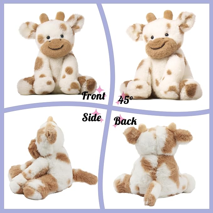 Hopearl Adorable Plush Cow Toy Floppy Kawaii Dairy Cattle Soft Stuffed Animal Cute Birthday Holiday Gift for Boys Girls Kids Toddlers, Light Brown, 9''