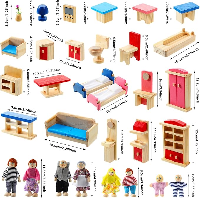 Sumind 35 Pcs Wooden Dollhouse Furniture with 8 Family Figures, Montessori Educational Wood Dolls House Accessories for 1:12 Scale, Preschool Imaginative Play Kit for Girls and Boys