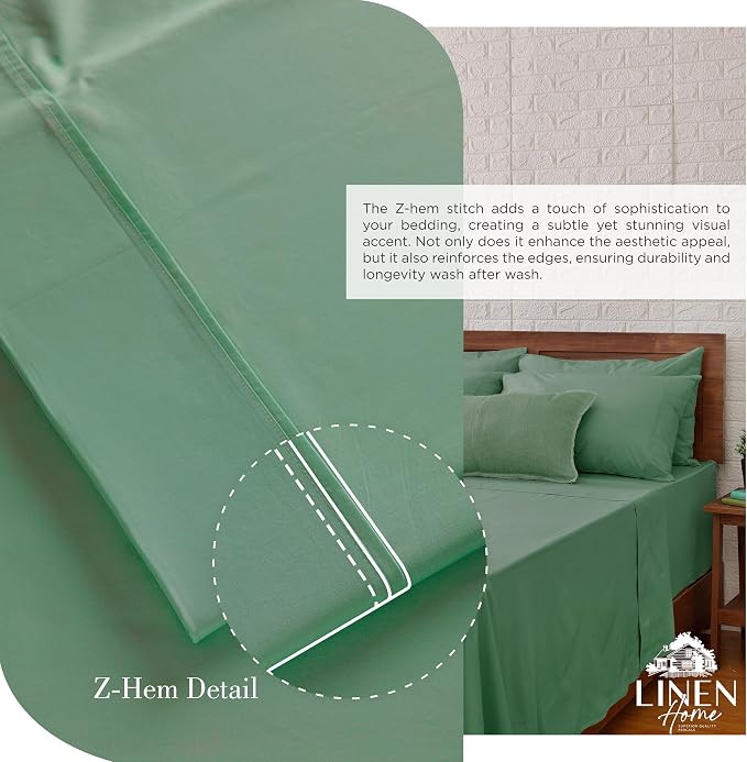 Linen Home 100% Cotton Percale Sheets Queen Size, Frosty Green, Deep Pocket, 4 Pieces Set- 1 Flat, 1 Fitted and 2 Pillowcases, Crisp Cool and Long Staple Strong Bed Linen