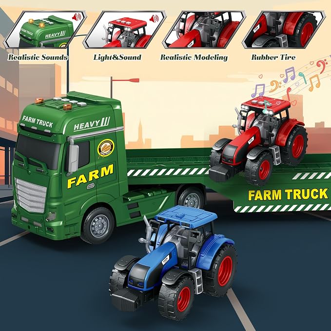 3-in-1 Farm Truck Toys for Kids Ages 3-6 – 25.6 Inch Extra-Large Inertia Semi Trailer with Lights & Sounds, Detachable Tractor and Light & Sound Farm Vehicle