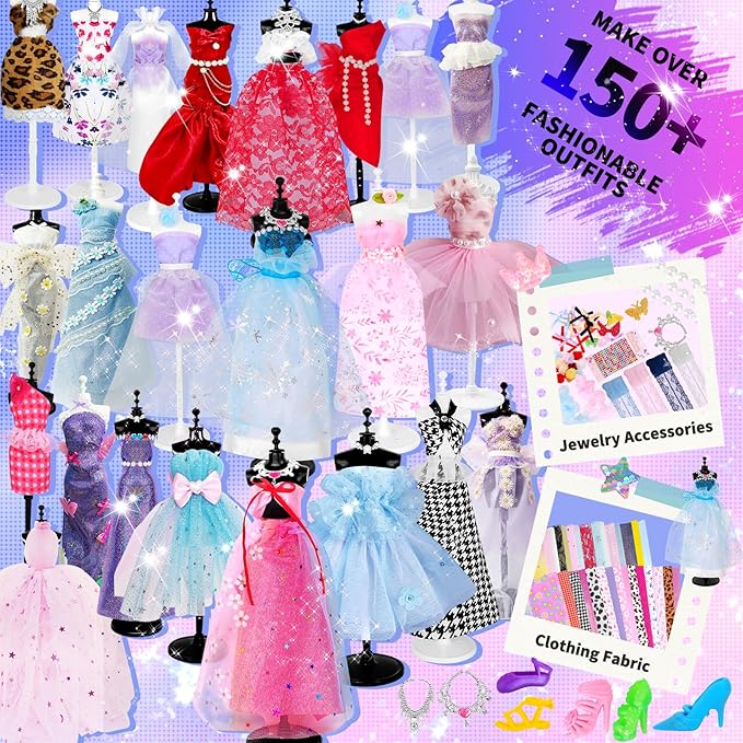 1000+ PCS Fashion Designer Kits for Girls, Sewing Kit for Kids with 4 Mannequins, DIY Doll Clothes Dress Making Kit, Arts and Crafts Sewing Kit Birthday Gifts for Teen Girls Age 6 7 8 9 10 11 12+