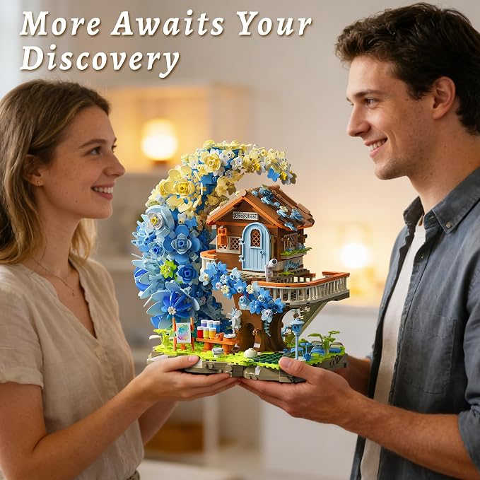 Blue Moon Flower House Building Set with Light, Botanical Collection Flowers Treehouse Builidng Block Kit, Compatible with Lego for Adults Home Décor (1750PCS)