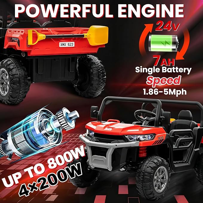 24V 4WD Ride on Truck Car w/4X200W Motor, Dump Bed, Gift Flower, 2 Seaters, Remote Control, 4 Wheeler, LED Light, Music, 24 Volt Ride on Toys for Big Kids Girls 3-8, Red