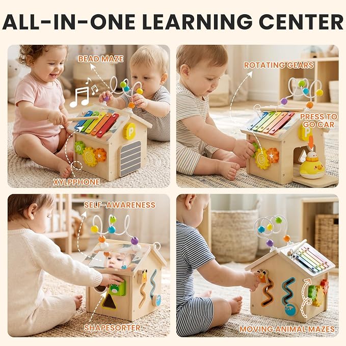 9-in-1 Wooden Activity Cube, Montessori Baby Activity Center Toys for 1+ Year Old Boys & Girls, Farm Theme Baby Cube with Car Toys & Shape Sorter, Educational Toy for Toddlers, Ideal Baby Gifts