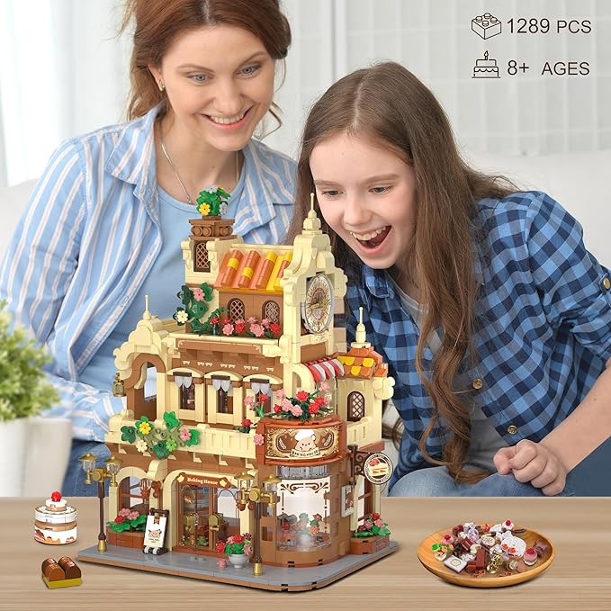 INSOON City Bakery Cafe House Building Set with Light, 1289 PCS Baking Shop Building Block Toy with Coffee Cake Bread Bakery Room, Pastry Construction Model for Adults Teens Kids Boys Girls Ages 8-12+