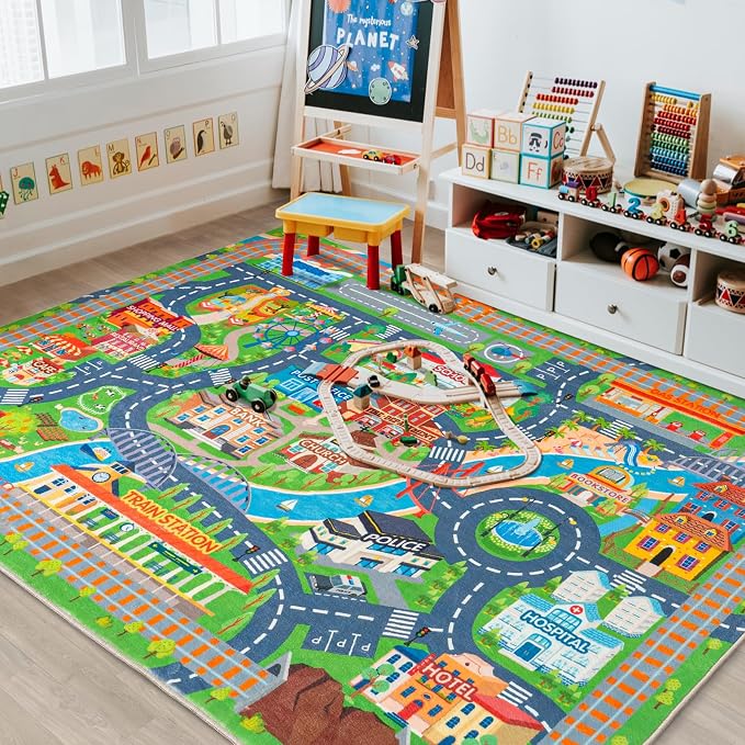 Car Rug Play Mat for Kids Toy Cars, 2 Packs 3'x4'/ 36"x48" Road Traffic Playmat for Kid Bedroom, Non-Slip Machine Washable Town City Race Track Carpet for Learn and Have Fun
