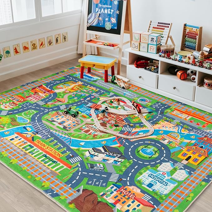Car Rug Play Mat for Kids Toy Cars, Road Traffic Playmat for Kid Bedroom, Non-Slip Machine Washable Town City Race Track Carpet for Learn and Have Fun Classroom Rugs 4'x5'/ 48" x60