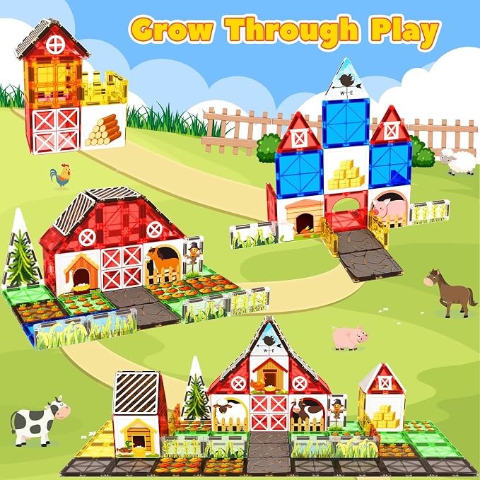 Magnetic Tiles Farm Animal Toys Set for Toddles Kids, Montessori STEM Toys for 3+ Year Old Boys Girls, Magnetic Building Blocks, Construction Sensory Magnets Games Educational Birthday Toys Gifts