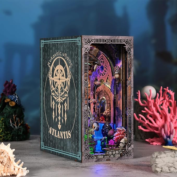 fifijoy Book Nook Kit - Atlantis DIY Miniature House Dollhouse Kit for Adults and Teens, 3D Wooden Puzzle Bookend Bookshelf Insert Decor with LED Light, Gifts for Family and Friends