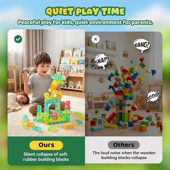 Gummy Bloc Safari Adventure Sensory Soft Building Blocks for Toddlers, 52 PCS Montessori Squishy Stacking Toy Set, Jungle Animal Theme Squeeze Blocks , Non-Toxic STEM Preschool Gift for Boys Girls