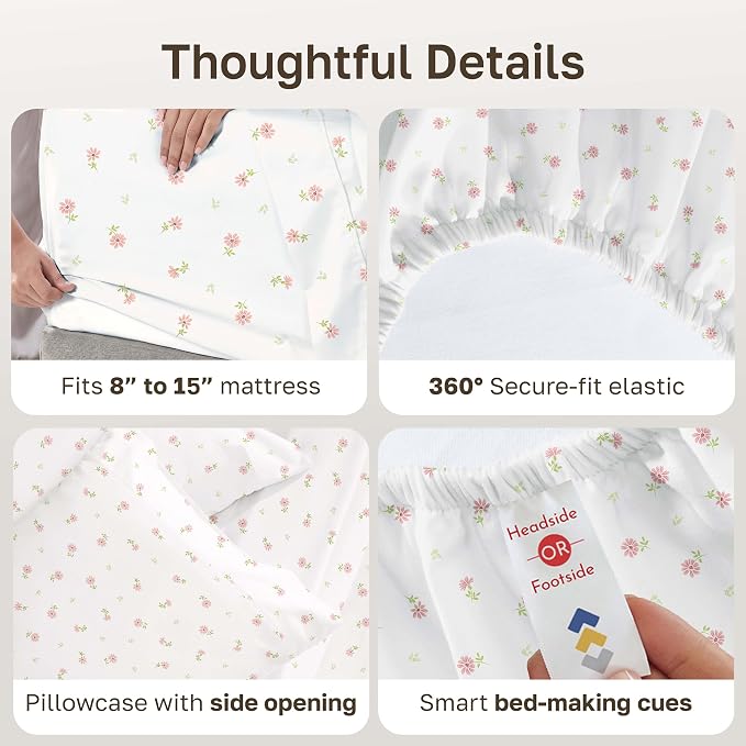 California Design Den Soft 100% Cotton Twin Size Bed Sheets Set, 400 Thread Count Good Housekeeping Award Winner, Smooth Sateen Finish, Cozy and Durable Twin Bedding Set - Soft Floral