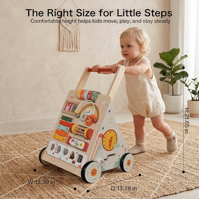 Wooden Baby Walker with Wheels, Baby Push Walker Activity Center for Babies 18 Months+, Montessori Walking Toy for Learning to Walk, Toddler 1st Birthday Gift
