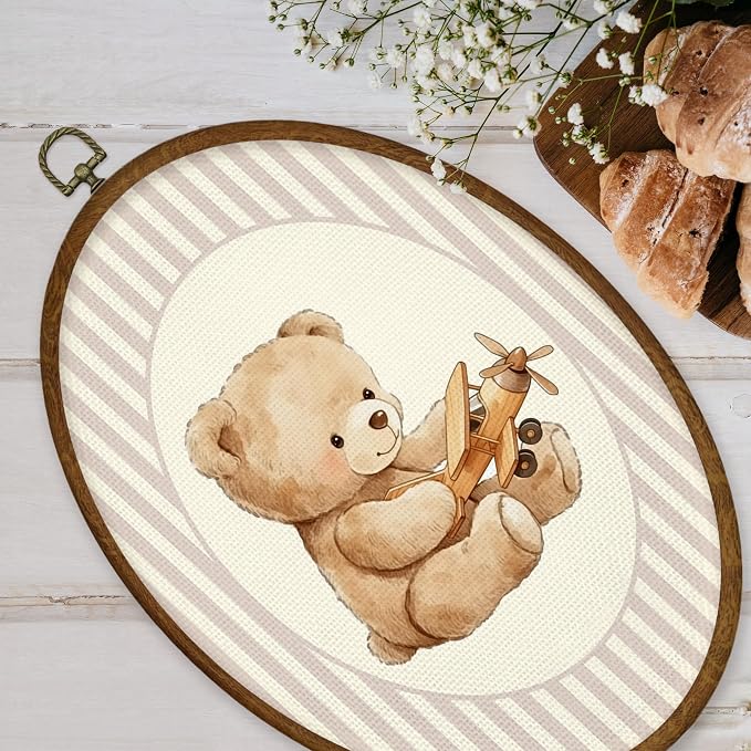 WULQYING Vintage Bear Airplane Nursery Wall Art Decor, Kids Room Oval Framed Canvas Art Prints, Pink Striped Airplane Bear Wall Hanging Decor for Kids Girls Room Bedroom Playroom, 8.6x11.4 Inches