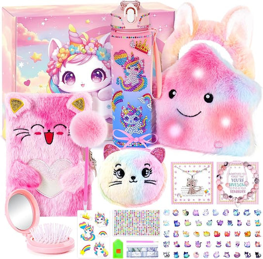 13PCS Unicorn Cat Toys Gifts for Girls 4-6 7 8 9 10 Years Old, Girls Birthday Gifts Set with Light Up Star Pillow DIY Water Bottle Kits, for Daughter Niece Christmas Birthday Baskets for Kids