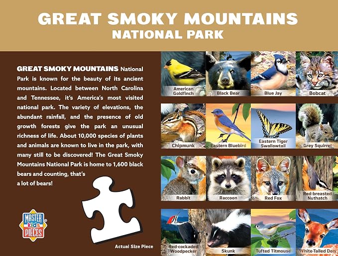 MasterPieces – 100 Piece Jigsaw Puzzle for Kid 6+ Years, Wildlife of Great Smoky Mountains National Park, Educational and Fun Game, Gift Idea for Children, 19" x 14"