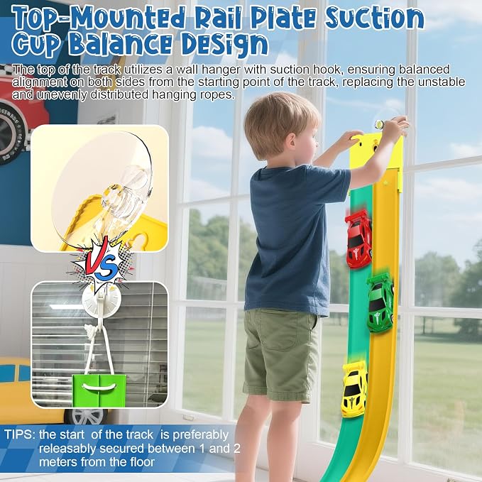 Flexible Race Car Track for Kids, Flex Track with 4 Small Race Cars,Rolls Up Portable Racetrack for Ages 3+, Compatible with H*t Wheels and DIEC*st 1/64th Cars (15FT-Green/Yellow)