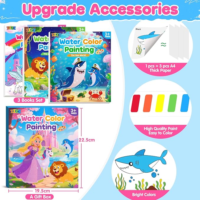 ZIZZ Paint with Water Coloring Books for Toddlers, 3PCS Watercolor Painting Set for Kids Ages 3-8, No-Mess Drawing Art Craft Toy Birthday Valentine's Day Gifts for Girls Boys - Princess, Forest, Sea