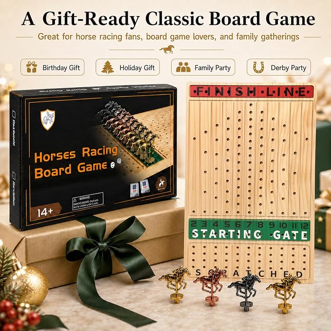 Jyquorp Horse Race Board Game (15.6" x 10") Solid Wood Horse Racing Board Game Set for 2-11 Players with 11 Luxury Metal Horses, 2 Dice & 2 Card Decks, Gifts for Family Party