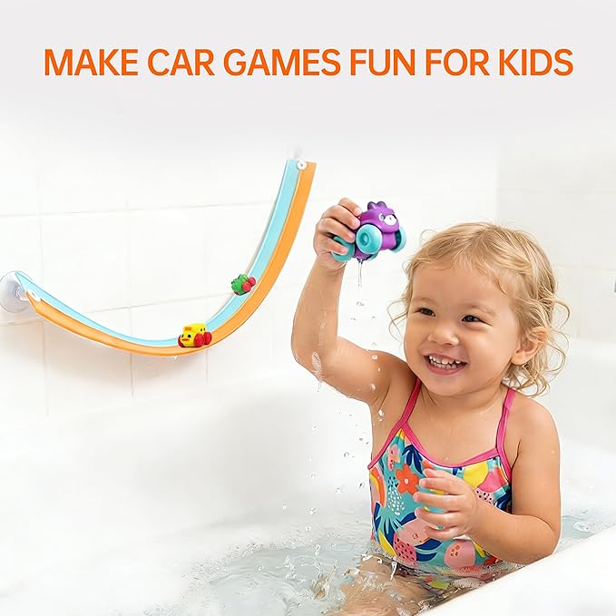 Resosese Race Car Bath Toys Set, 8-Piece Extra Long Flexible Bathtub Track Set with 4 Mini Cars, Suction Cups & Mesh Storage Bag, DIY Water Slide Toy Gift for Boys Girls Ages 3+