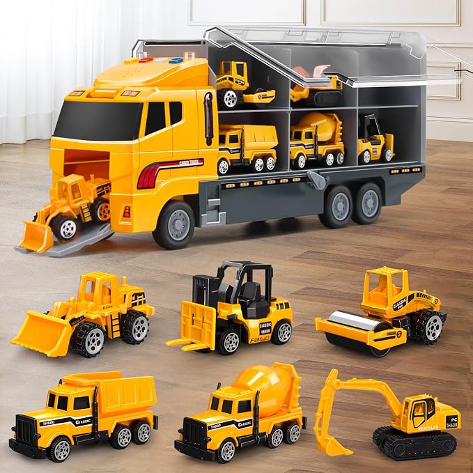 Toddler Construction Truck Vehicle Toy Set for 3 4 5 6 Years Old Boys with Play Mat, Die-Cast Car Carrier Truck for Kids Boys Girls Birthday Party Gifts