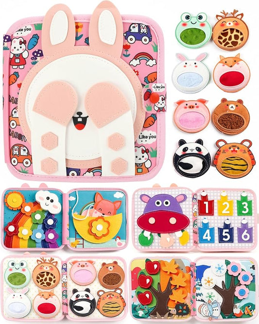 Montessori Busy Book for Toddlers, 8-Page Sensory Activity Book for Fine Motor Skills & Basic Dress Learning, Portable Travel Toy for Preschool Kids, Birthday Gift for Boys and Girls (Rabbit)