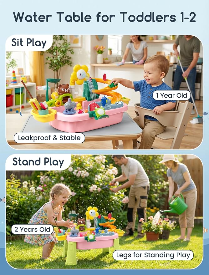 OKPOW Sturdy Water Table for Toddlers 1-2: No Tipping on Uneven Backyard | 4 Wide Legs & 3-Gal Sink Reduce Wobble by 80% - Keep Toddlers Safely Engaged in Splash Play, Tool-Free Assembly