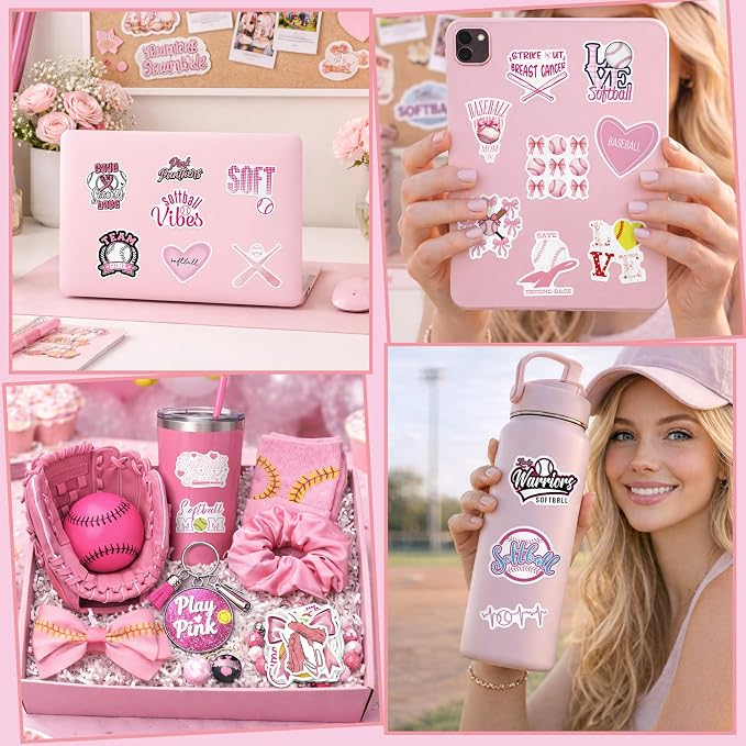 QTL Pink Softball Stickers for Girls Teens, Softball Party Supplies, Waterproof Vinyl Stickers for Water Bottle Laptop, 50Pcs
