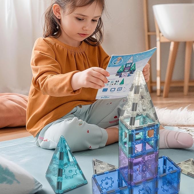 Tytan Toys Disney Frozen Magnetic Tiles Princess Castle - 68-Piece STEAM Building Set with Glitter Tiles & Elsa, Anna, Olaf Stickers - Educational Frozen Toys for Girls Age 3-4+