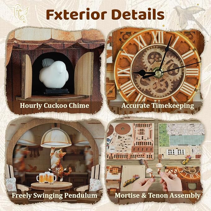 DIY Cuckoo Clock 3D Wooden Puzzle for Adults- German Pastoral Cottage Model Kit with Real Bird Call, 170PCS Miniature Dollhouse Wall Clock Home Decor, Unique Father's Day & Graduation Gifts
