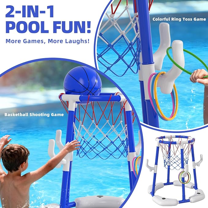 Pool Basketball Hoop for Kids 4-8 & 8-12 Years Old - 2-in-1 Floating & Above Ground Water Game with 4 Balls, 12 Rings & Pump, Outdoor Play Swimming Pool Toy for Adult Summer Party