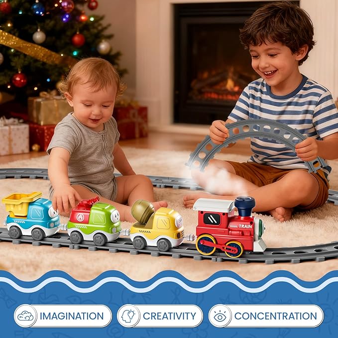 Electric Train Set for Toddlers with Sound & Lights, Magnetic Connection Train Toys with Tracks & Road Signs, Christmas Birthday Gift for 3 4 5 6 Year Old Boys Girls