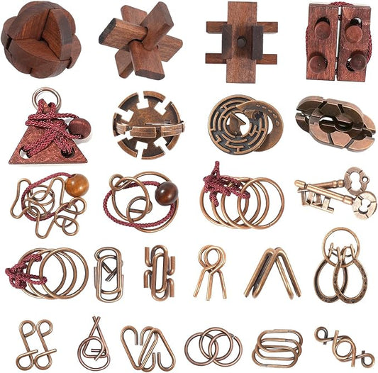 24 Pcs Brain Teaser Puzzles for Adults and Teens - Metal Puzzles 3D Puzzle Game Toys for Adults Teens - Wooden Unlock Interlocking Puzzle Adult IQ Education Smart Toys