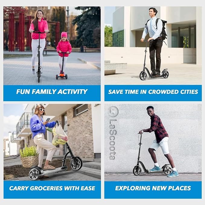 LaScoota Kick Scooter for Kids Ages 6+, Teens & Adults, Large 8" Sturdy Urethane Wheels. Adjustable Handlebar, Lightweight, Foldable, 220lbs Max Load