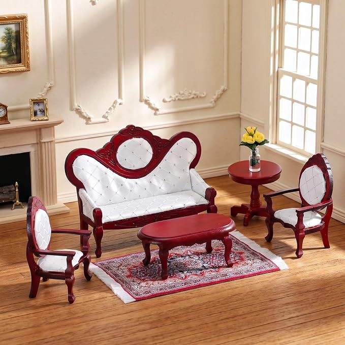 Skylety 7 Pcs Victorian Dollhouse Furniture Set 1: 12 Scale Wooden Mini House Living Room Furniture and Accessories, Sofa Table Chairs Vase for Adults Toys Gift Retro Miniature Doll House Accessories