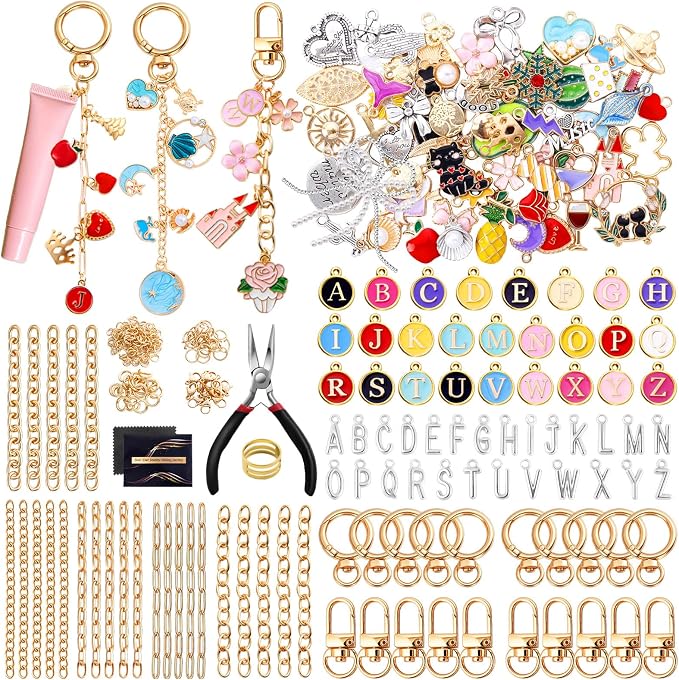 Wurosi 325Pcs Charms Lip Gloss Keychain Making Kit, Including 20 Keychain Clips 25 Extender Chain 118 Charms Jewelry Plier, Bag Charm Kit, Keychains Making Supplies for Jewelry Making,Christmas Gifts