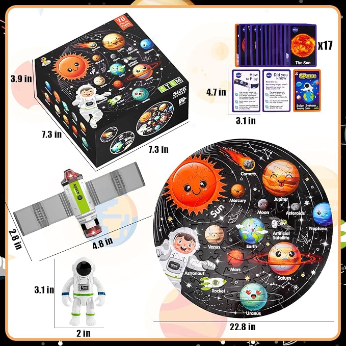 Puzzles for Kids Ages 4-6, Solar System Planets Flash Cards & Astronaut Figures & Satellite, 70 Piece Round Large Floor Jigsaw Puzzles, Educational Toy Gift for Ages 3 4 5 6 7 8 10 Year Old Boys Girls