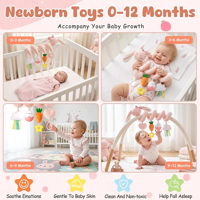 Stuffed Pink Bunny Spiral Car Seat Toys for Babies 0-6 Months, Infant Stroller Toy with Plush Carrot & Star Teether Hanging, Baby Registry Search & Shower Gifts for Newborn Girls