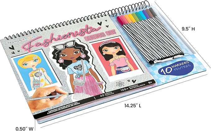 Fashion Angels Fashionista Design Sketch Book Set, Includes Sketch Pad with Stencils, Stickers & Instructions for Inspiration, Ideal Drawing Kit for Kids